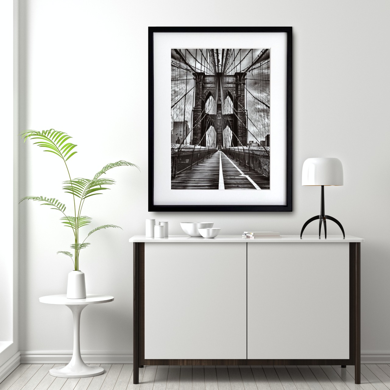 Brooklyn Frame｜ブルックリンブリッジを切り取ったモノクロフォトアートポスター｜構造美と静寂が映える都会的インテリアA4ポスター