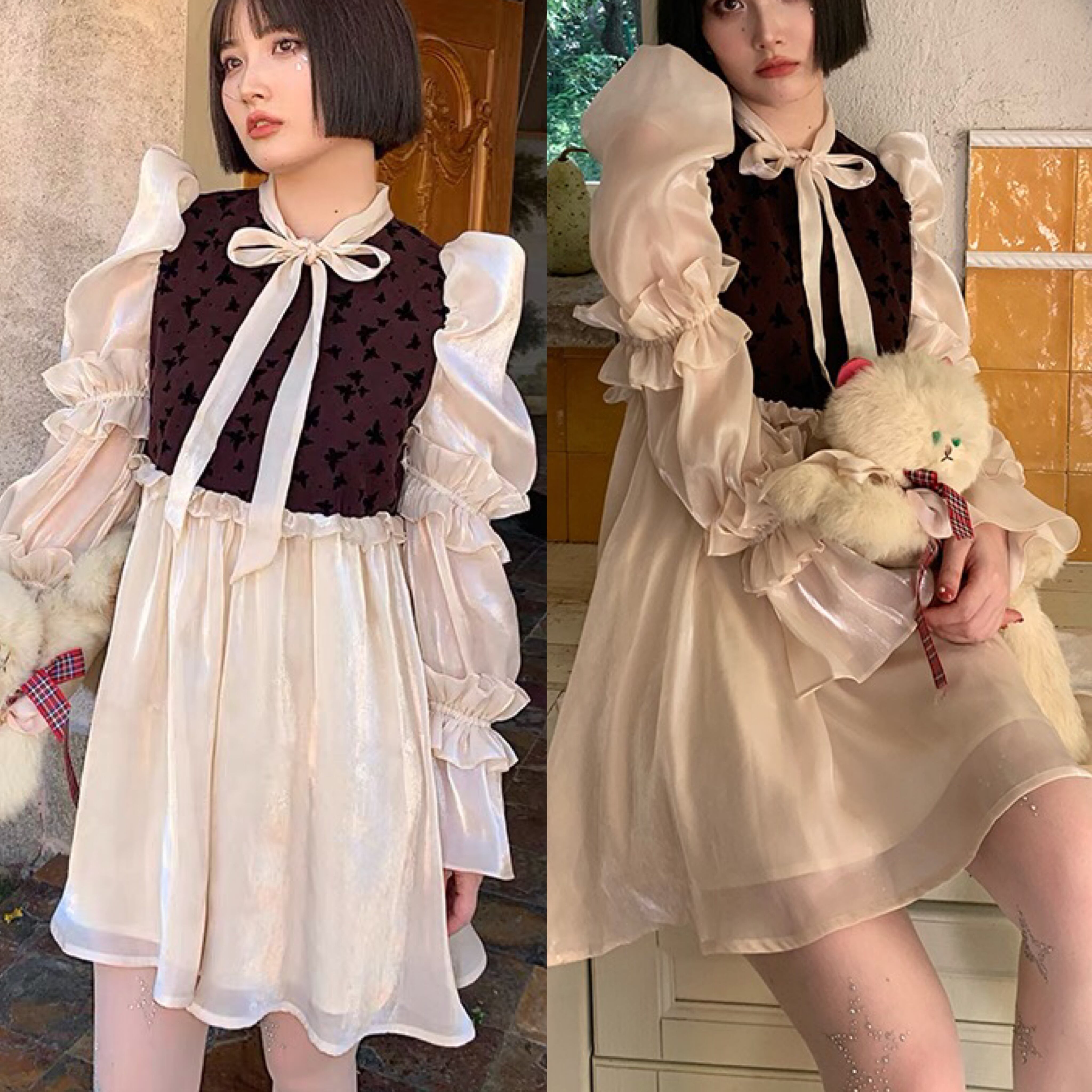 ワンピース ベージュ ブラウス リボン お嬢様 ワンピース 茶色