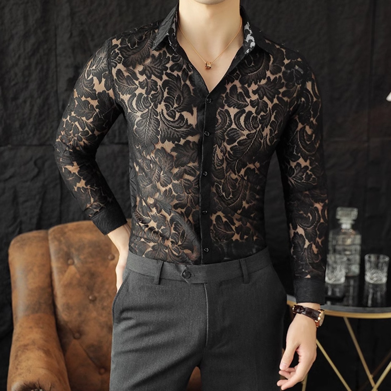 春夏にぴったりな半透明のレースデザインハンサムシャツ　SH006