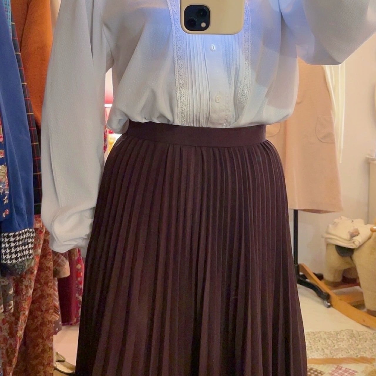 brown accordion pleats skirt