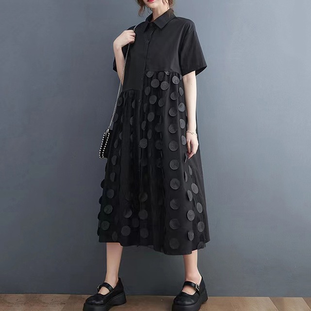 BLACK DOT MESH LAYERED MIDI SHIRT DRESS 1color M-5087