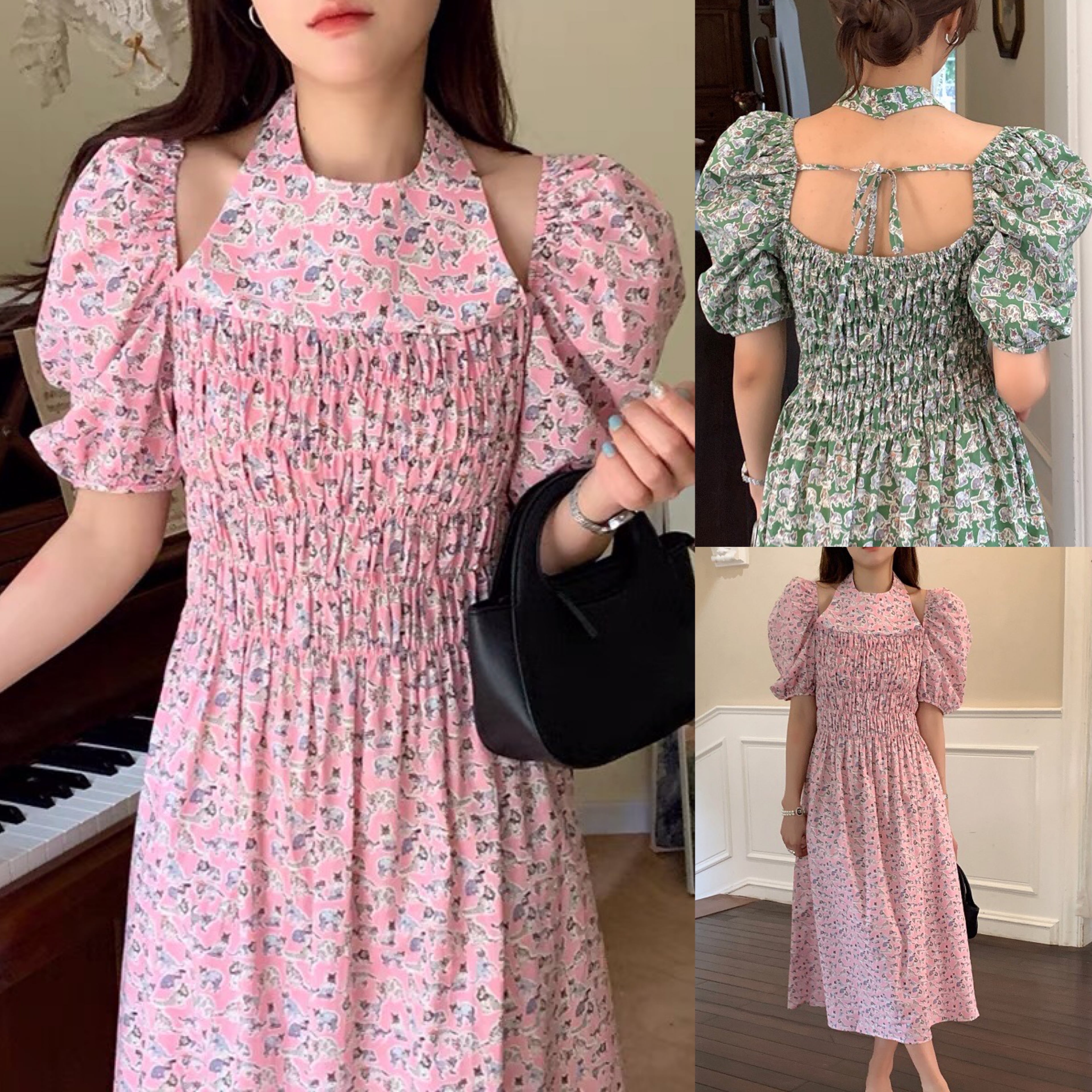 ワンピース 花柄 ブラウス フラワー 緑 ピンク ワンピース ピンク 水色