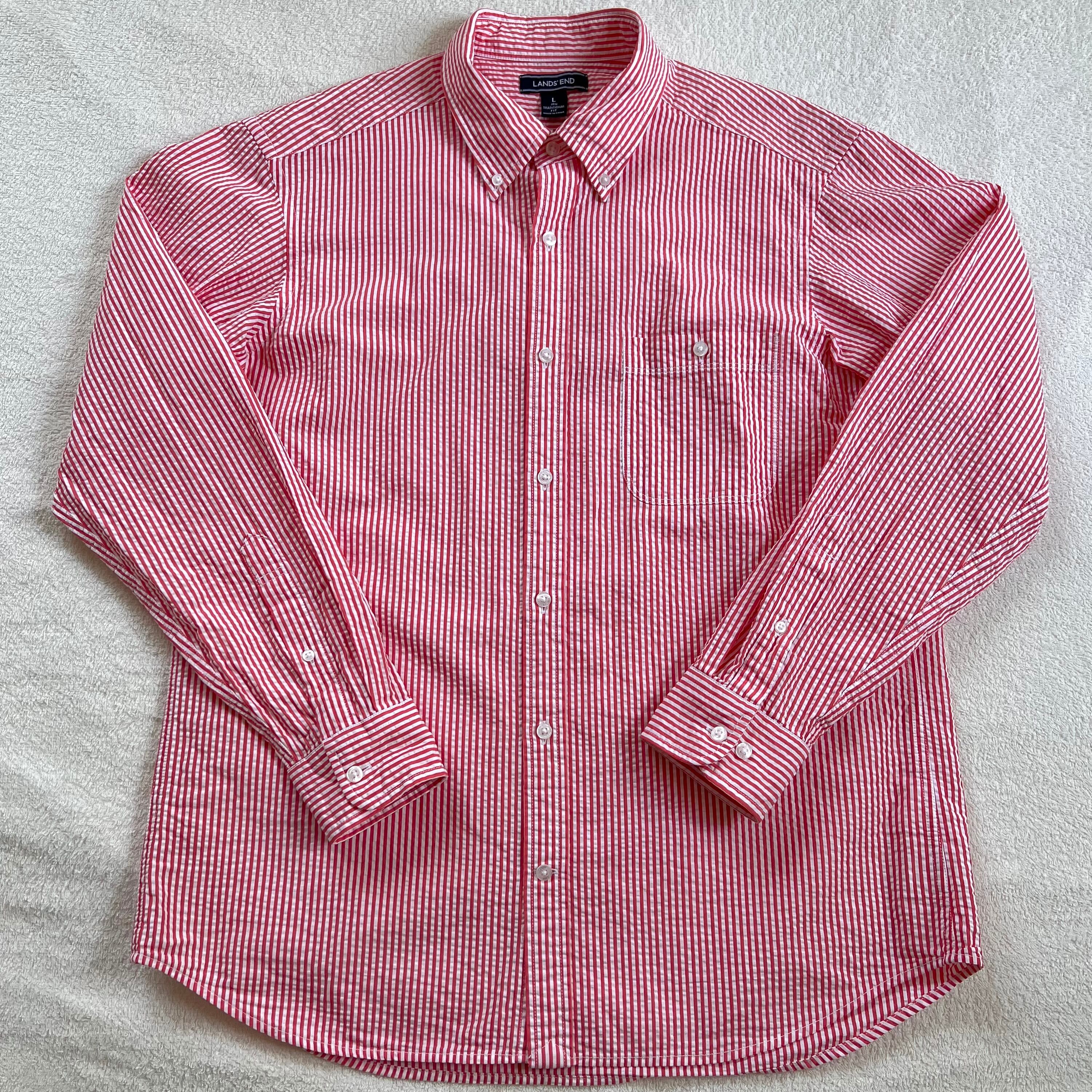 LANDS'END ランズエンド ストライプ シアサッカー 長袖 シャツ L