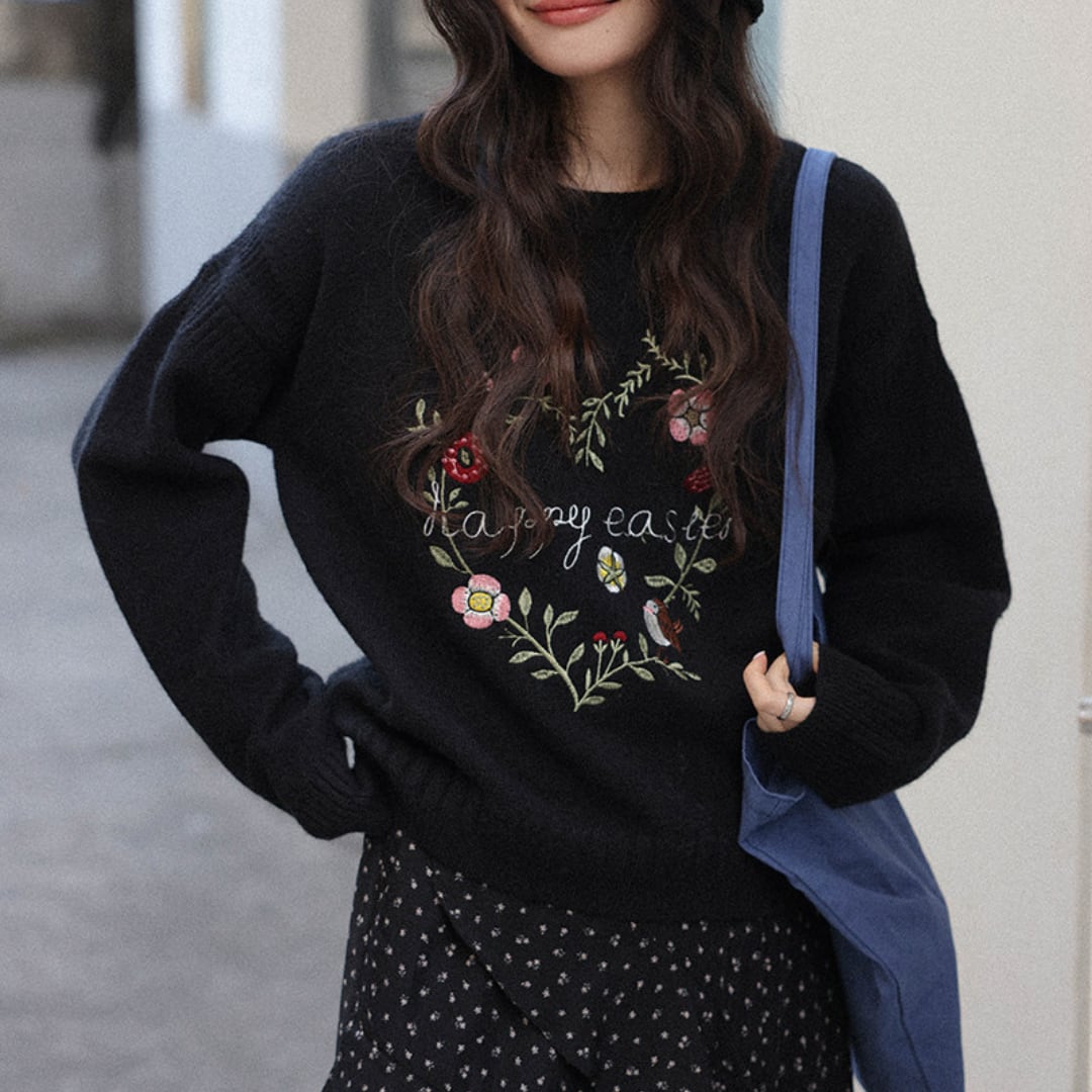floral embroidery knit pullover