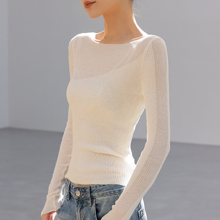 リブ編み ボートネック ニットトップス 2col H11147