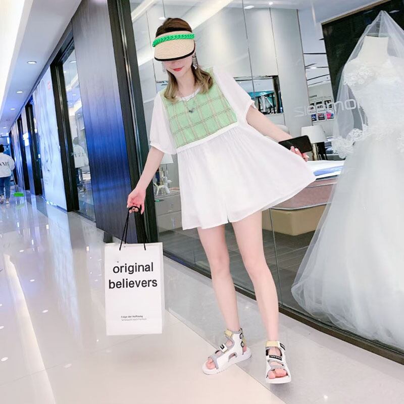 サマードレス ルーズ格子柄Tシャツ シャツ スリム 大きめサイズ 夏物 ステッチ ミックスインファッション76605720140