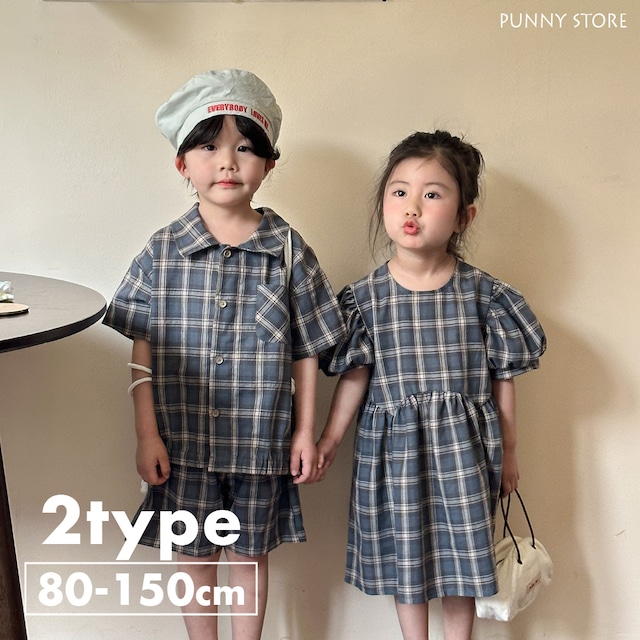 《取寄》チェック柄セットアップとパフスリーブワンピース （全２種） QQMM 2024夏 韓国子供服 シャツ ワンピ 総柄 リンクコーデ