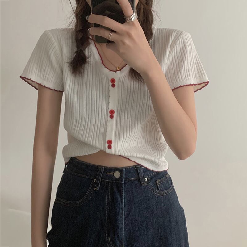 ホワイトVネックセーター スリムショートTシャツ サマートップス レディース 夏物 試着室46853589502