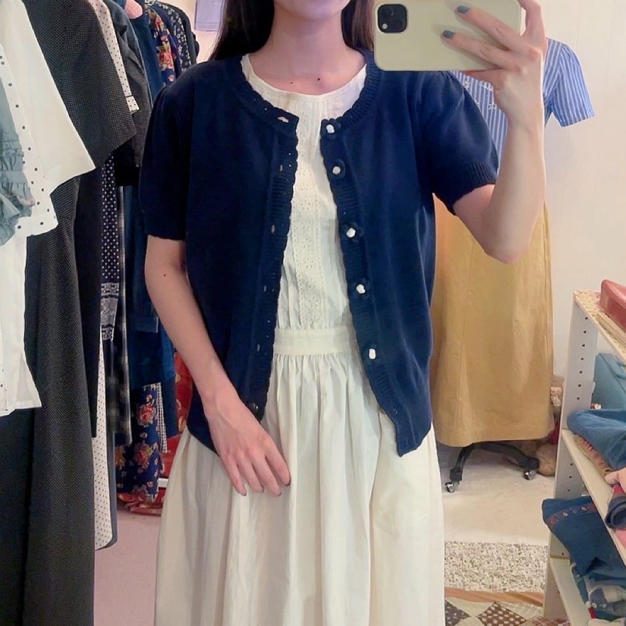 flower button navy knit cardigan