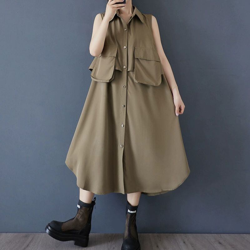3D POCKET SLEEVELESS A-LINE MIDI SOLID SHIRT DRESS 2colors M-13535