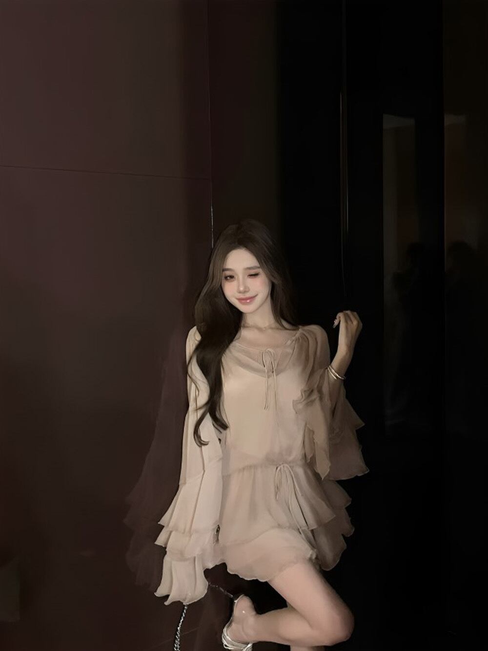 くすみピンク チュール ワンピース サイズ S M L オーダー くすみピンクデザインシフォンワンピース | 韓国/ワンホン