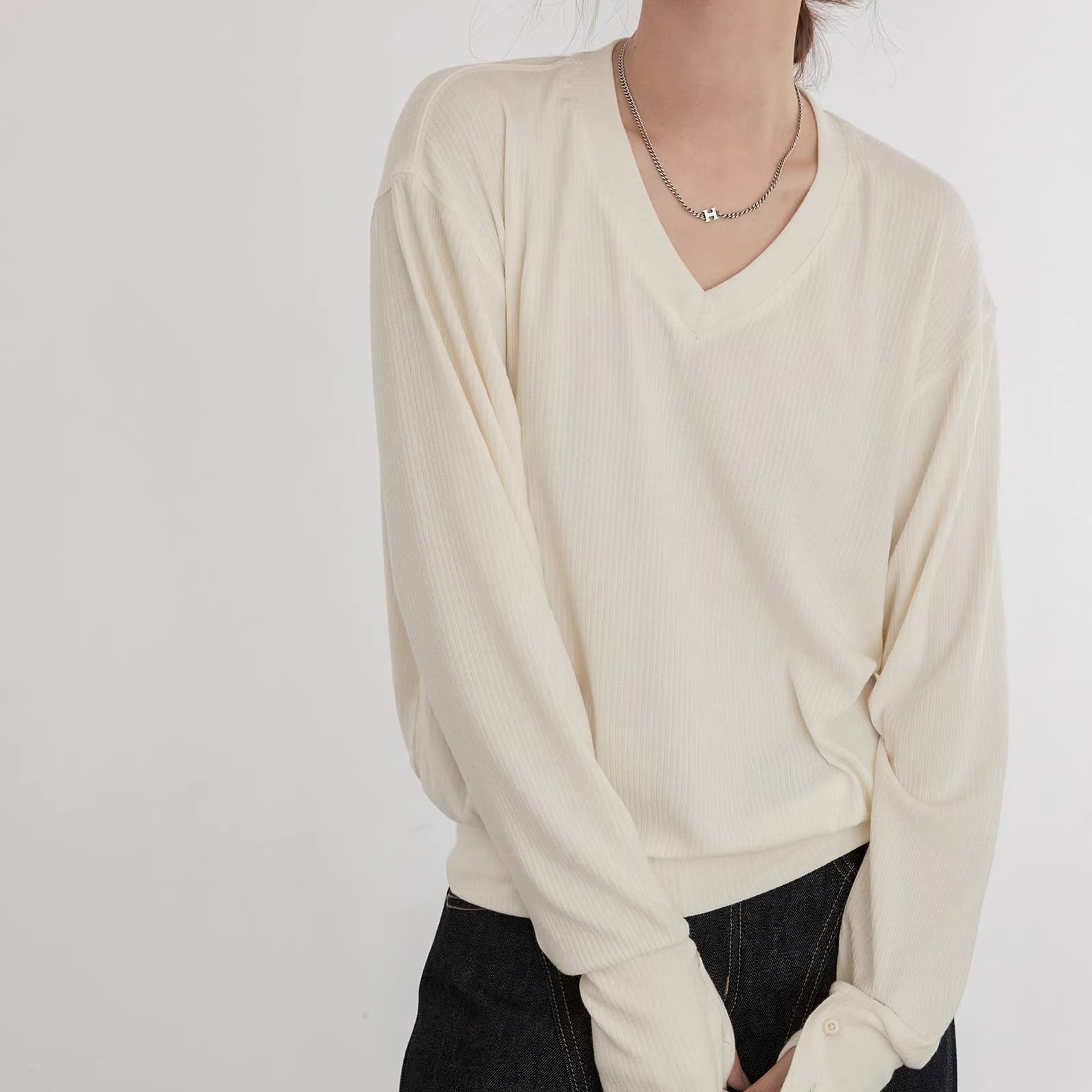 Vネック 長袖 リブ編み カットソー 3color ATO0136