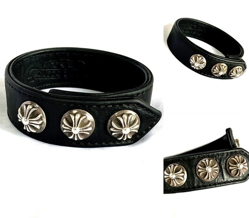 CHROME HEARTS(クロムハーツ)　  CHクロス　3ボタン　2スナップ　クロスボール　レザー ブレスレット　バングル　BLACK
