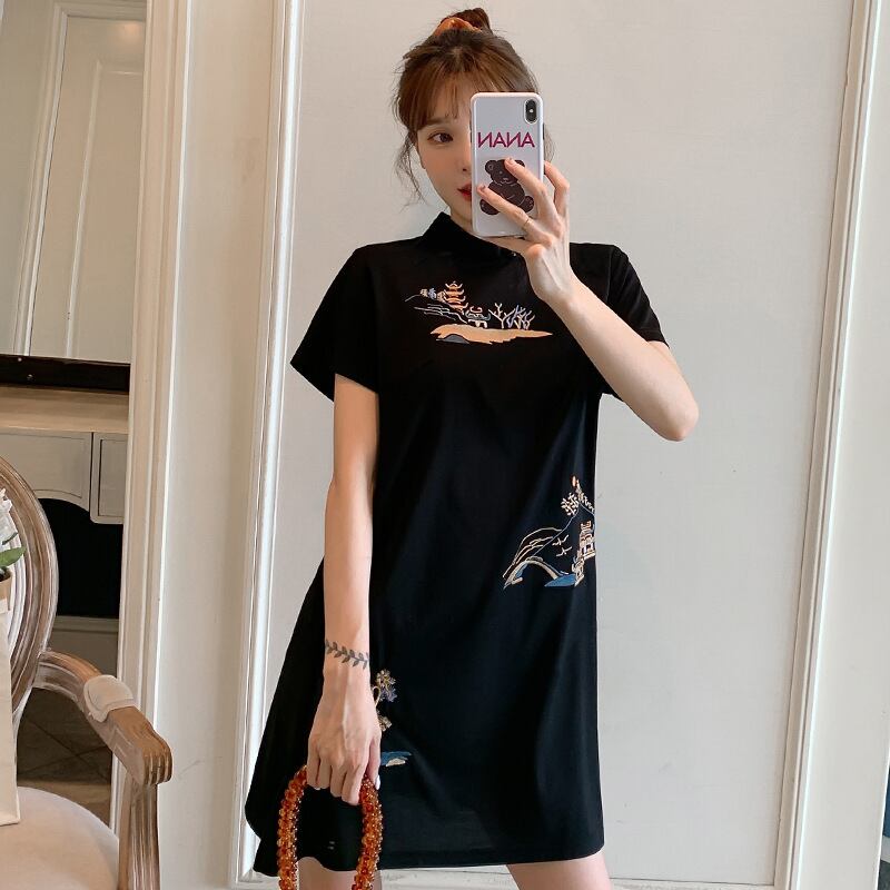 【新作】【送料無料】 マタニティドレス2020夏の新しい刺繍改良チャイナドレス年齢削減ディスクボタンミドルレングスマタニティドレス-アリババ レッド サマー 夏物 expec287807198149