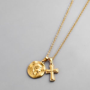 316L coin & cross necklace  #n15