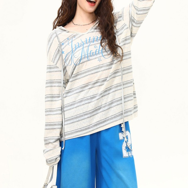ボーダーレタリングフーディロングスリーブTシャツ 1col R02522