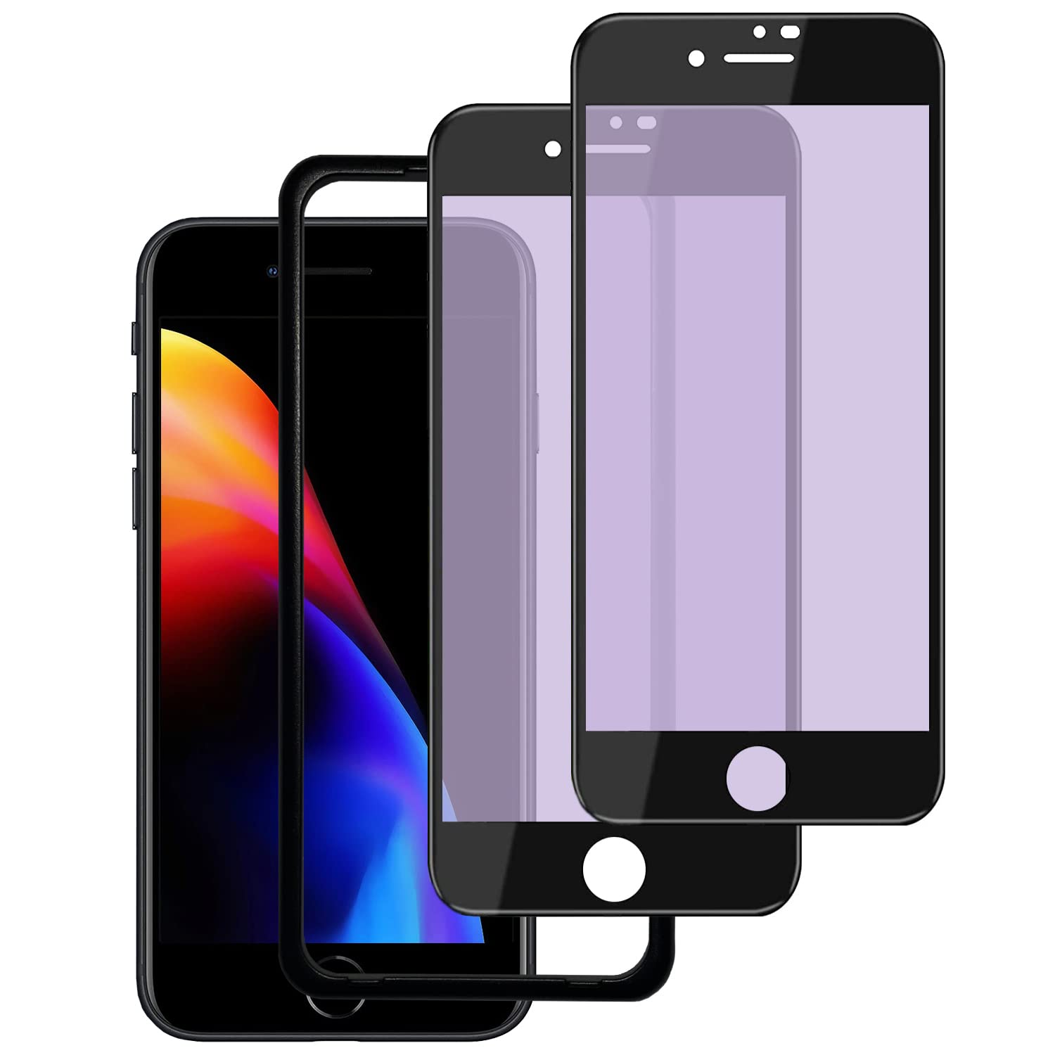 DXFAU 【2枚セット】強化ガラスフィルム iPhone SE第3世代 / SE第2世代 iPhone 8/7用 ブルーライトカット 4.7インチ対応 全面保護フィルム 硬度9H 滑らかなタッチ操作 指紋付着防止 飛散防止 気泡防止 ガイド枠付き 貼り付けは簡単