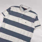TOMMY HILFIGER トミーヒルフィガー ボーダー 鹿の子 半袖 ポロシャツ サイズ XL /ホワイト×ブルーグレー系 メンズ
