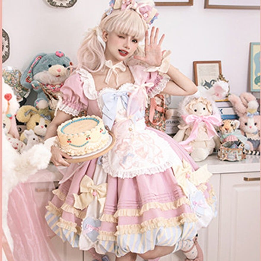 【韓嬢】締結恋羽シリーズロリィタドレス ピンク 甘ロリ ロリータファッション 甘ロリ猫モチーフリボンフリルピンクワンピース