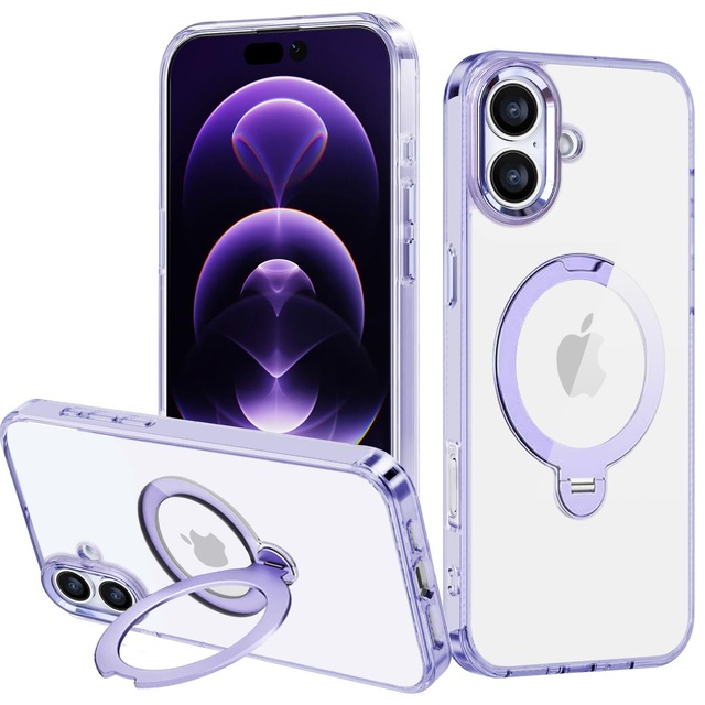 【JOOBOY 極限の透明感とスタンド機能】スマホケース 対応 iPhone 16 クリアケース MagSafe対応 360度回転スタンド ストラップホール穴付き 縦横両対応 黄ばみ防止 ワイヤレス充電対応 衝撃吸収 ブランド マグネット搭載車載ホルダー対応 おしゃれ 全透明 アイフォン16 携帯電話カバー (クリア-パープル, iPhone 16)