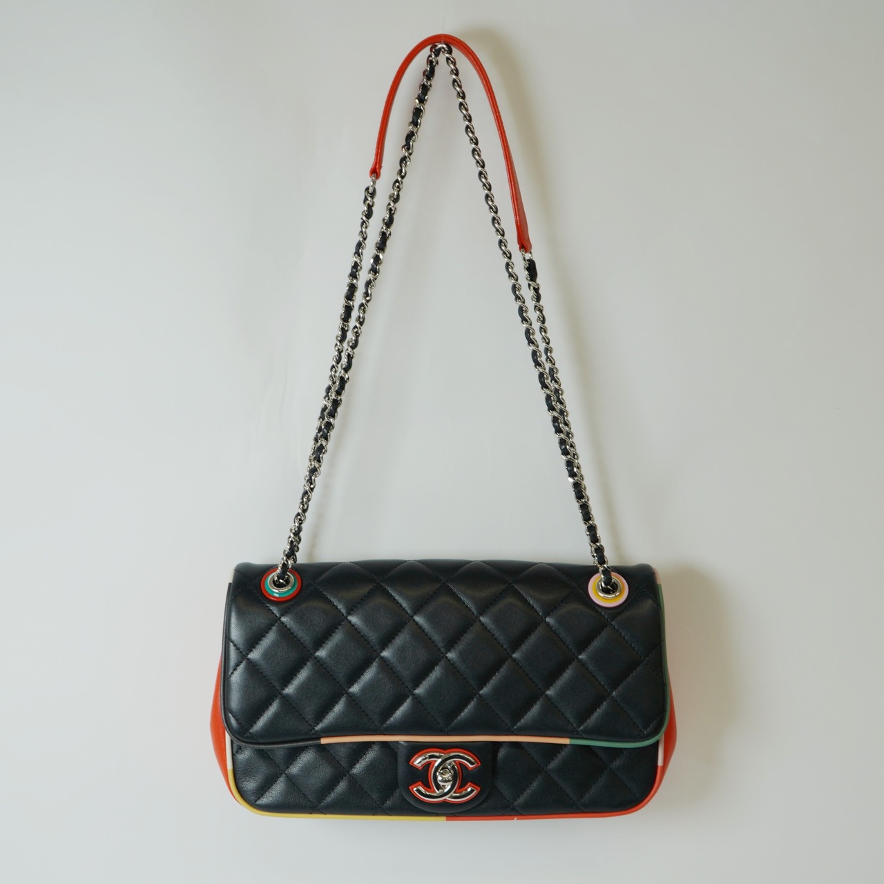 CHANEL シャネル マトラッセ ラムスキン シングルフラップ ダブルチェーン ショルダーバッグ マルチカラー シルバー金具 23番台