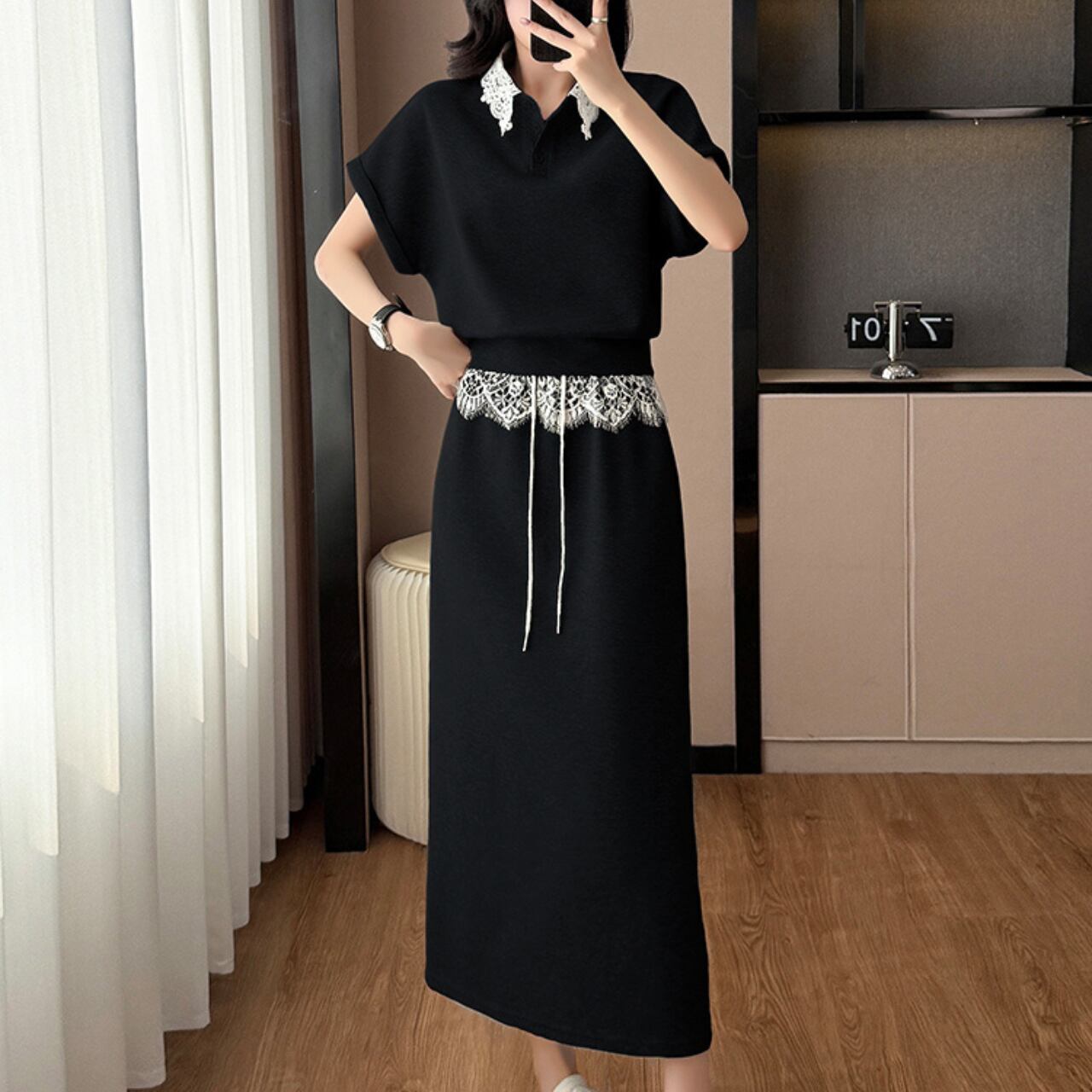 ポイントレース ミドルスリーブトップス&スカートセットアップ 2colors A4306