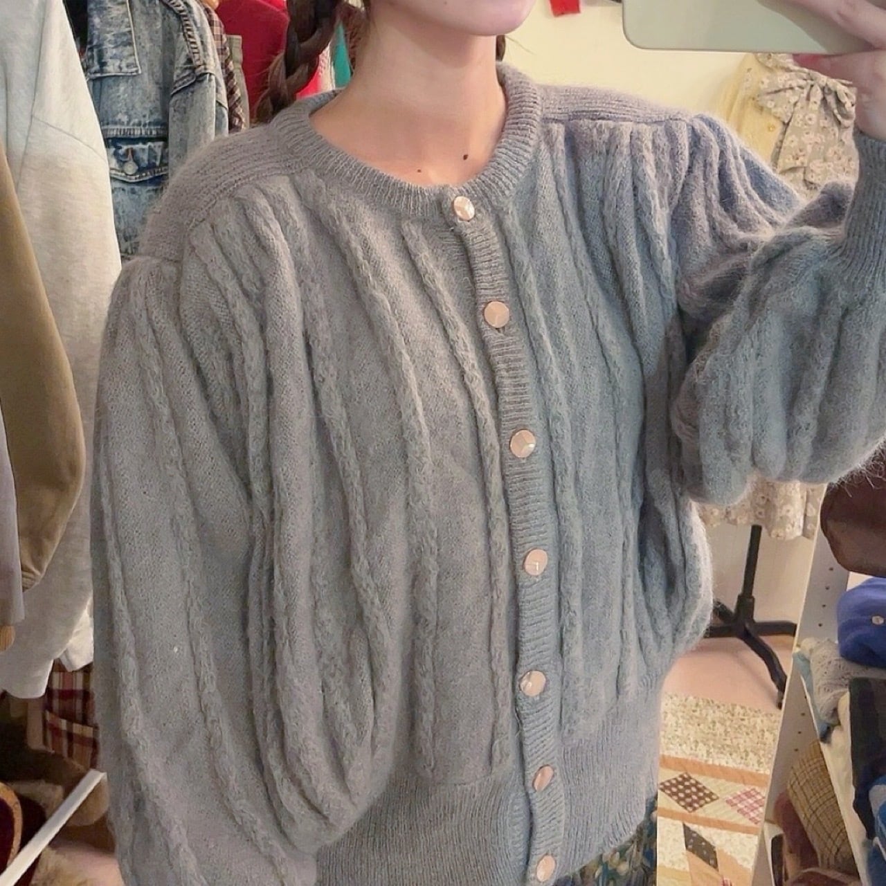 gray line mohair knit cardigan