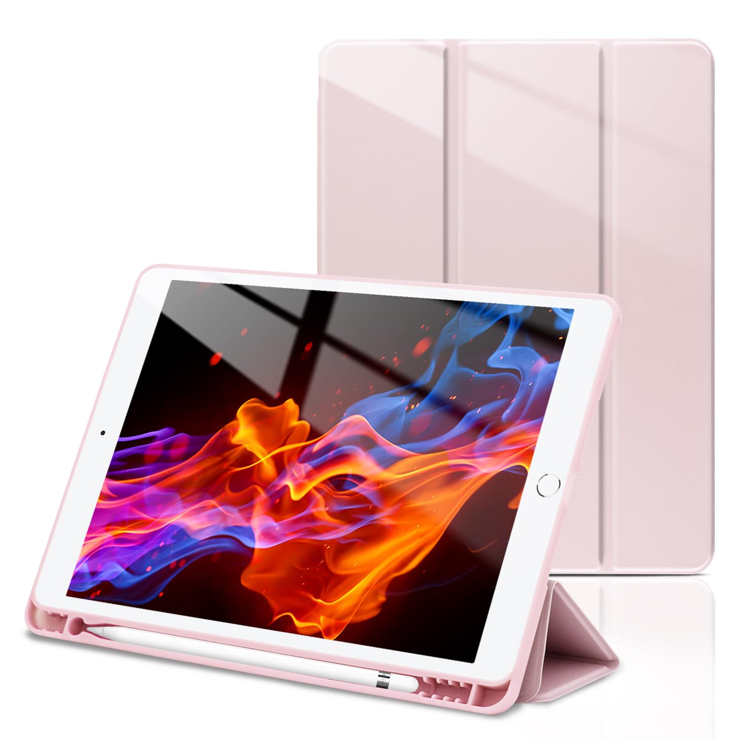 Wonzir for iPad 第9世代 ケース iPad 10.2インチ ケース (2021/2020/2019モデル) ペン収納 スタンド機能 軽量 薄型 シンプル 三つ折りスタンド 全面保護型 傷つけ防止 iPad 第8/7世代 手帳型 便利なペンホルダー付き (ピンク, iPad 10.2)