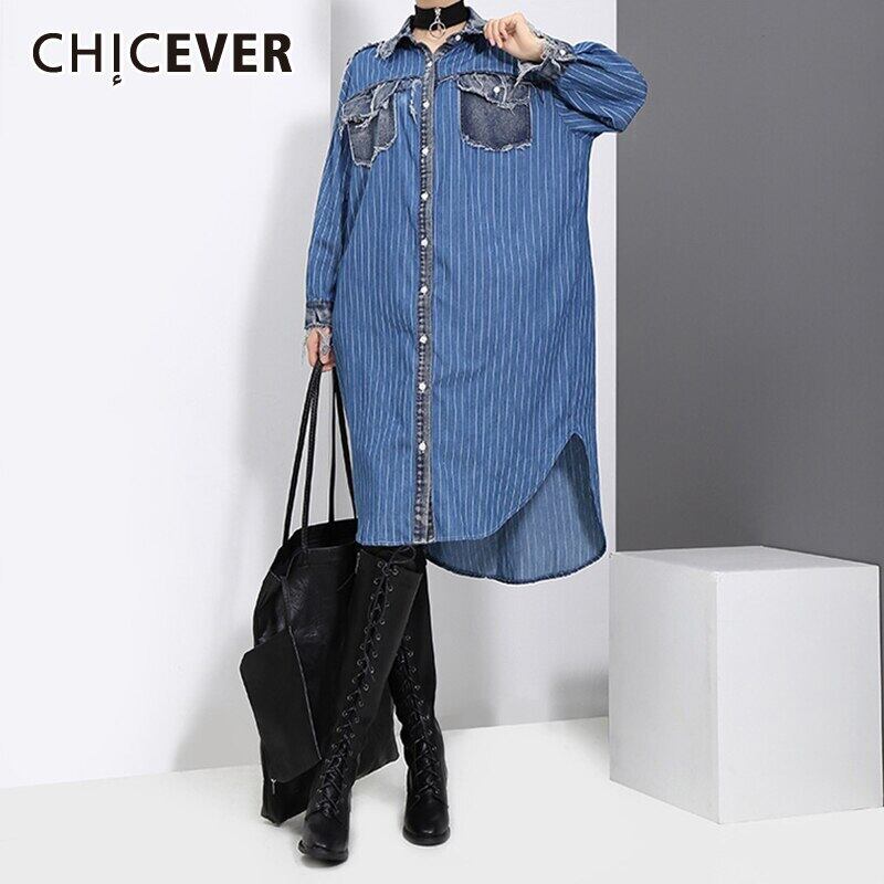 CHICEVERデニムドレスレディースラペル長袖ルーズストライプヒットカラー特大サイドスプリットドレス2020服 ロング 6base564236059453