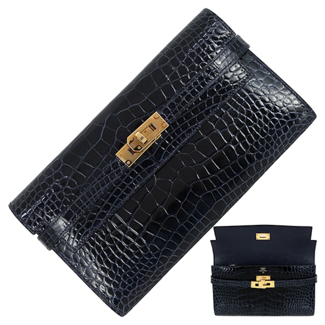Used HERMES エルメス 長財布 ケリーウォレット ロング アリゲーター リセ ブルーマリン ゴールド金具 C刻印 超美品
