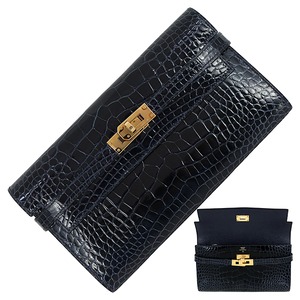 Used HERMES エルメス 長財布 ケリーウォレット ロング アリゲーター リセ ブルーマリン ゴールド金具 C刻印 超美品