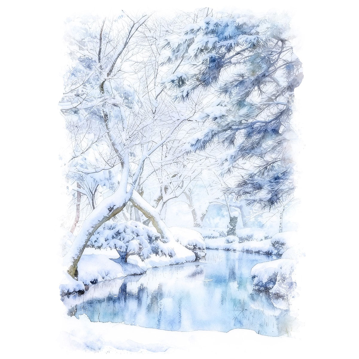 絵画(風景画) 日本 石川県 雪の兼六園 インテリアアート額付き 水彩画・油絵調 WAT1368