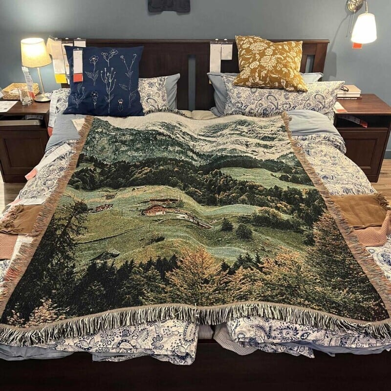 ブランケット 多用途 雪山 スイス 大判 おしゃれ かわいい インテリア 北欧 100cm x 80cm 160cm x 130cm ラグ マット カーペット フリンジ ソファー カバー 長方形 ひざ掛け 肩掛け 毛布 絨毯 じゅうたん