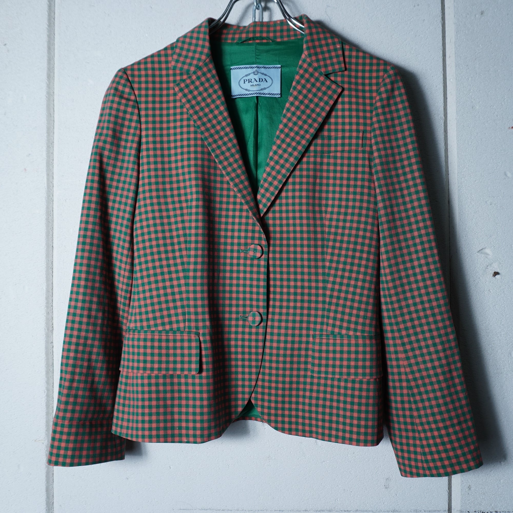 PRADA】プラダ ギンガムチェックテーラードジャケット green＆pink