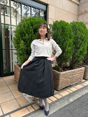 50's flower print gray wool skirt with belt