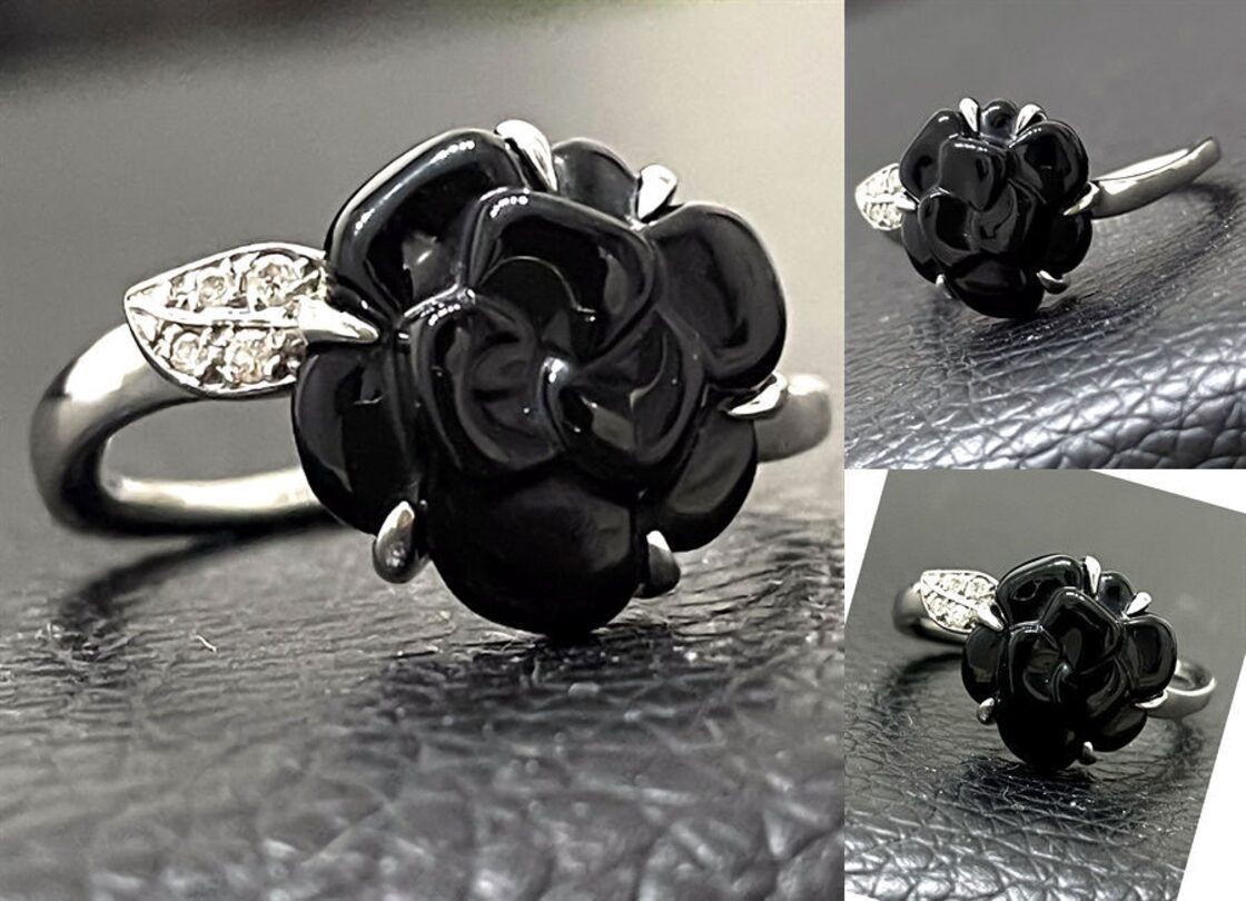 CHANEL シャネル カメリア オニキス ダイヤモンド リング K18WG 750 