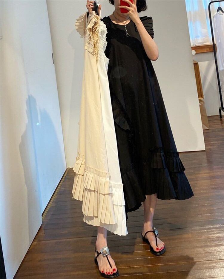 INSスタイル イレギュラー 無地 ワンピース ロングスカート 韓国 気質 デザインセンス プリーツ