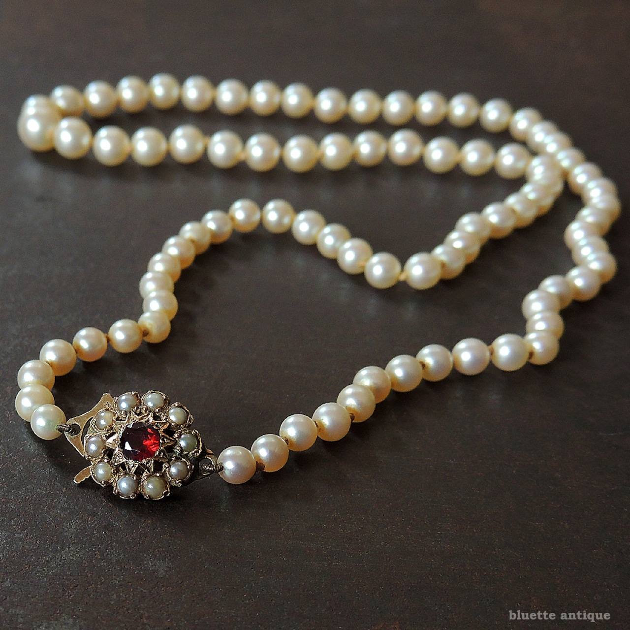 アンティークジュエリー 9ctゴールド アコヤ真珠 天然ロードライトガーネット ネックレス(ソーティングメモ付)