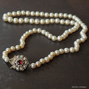 アンティークジュエリー 9ctゴールド アコヤ真珠 天然ロードライトガーネット ネックレス(ソーティングメモ付)