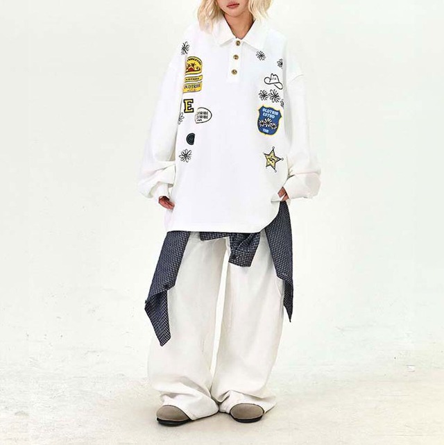 ワッペンミックスプリントポロトップス 2col   R01498