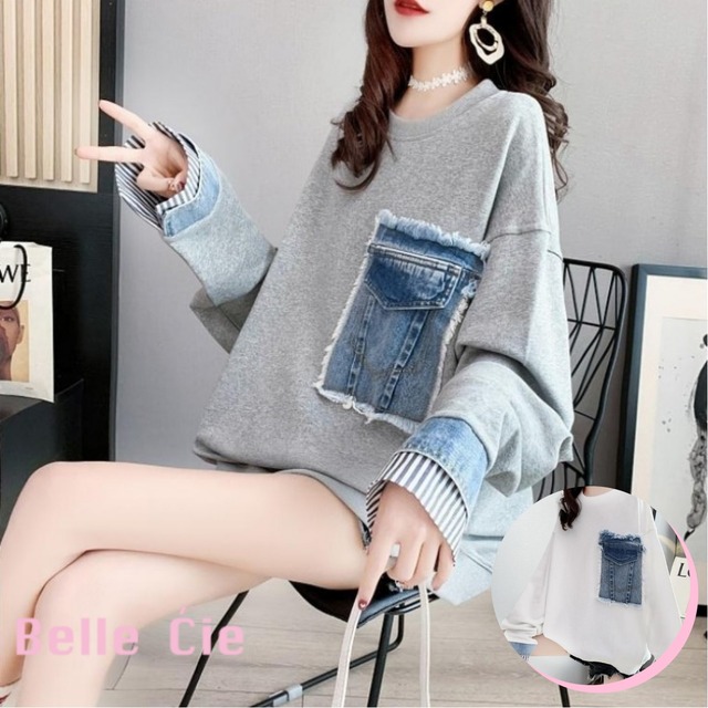 デニム ポケット Tシャツ 韓国ファッション レディース フェイクレイヤード プルオーバー スウェッ