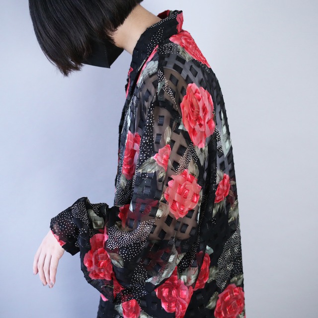 "薔薇" beautiful flower and panel pattern over silhouette see-through shirt