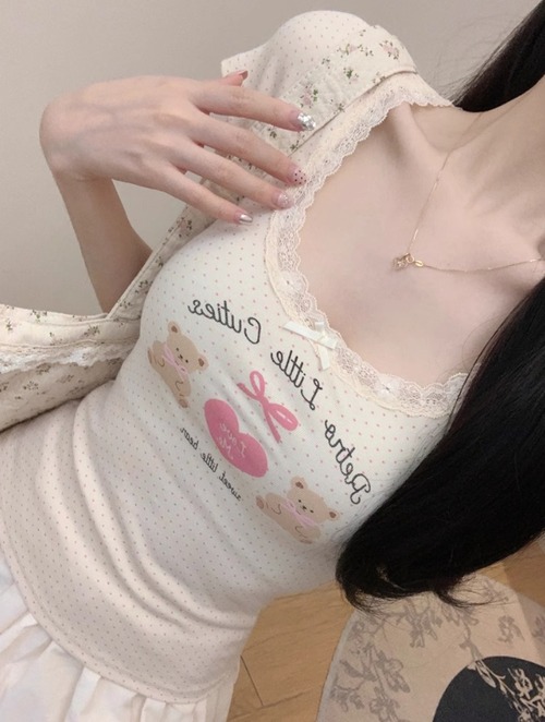 3色/レースネックドットプリントTシャツ ・78621