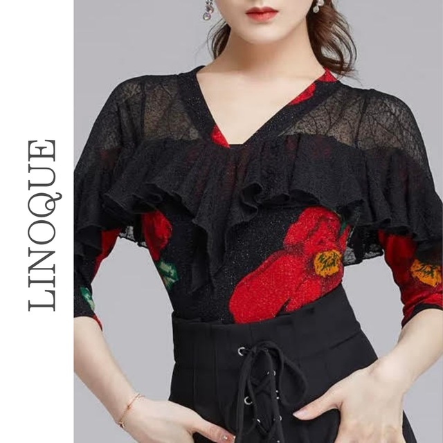 Vネックフリル花柄レオタード 2color 【L00078】