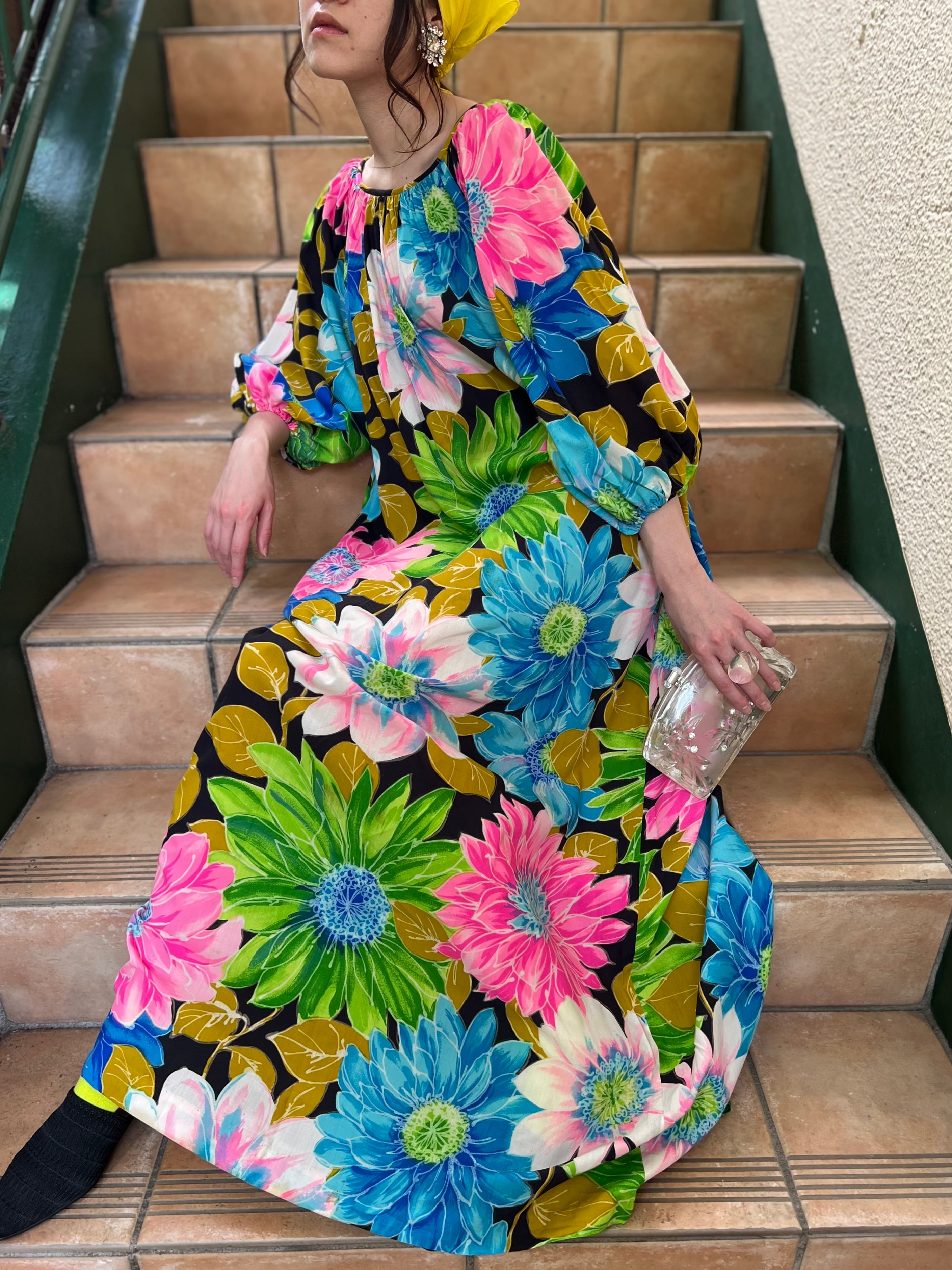 70s Hawaiian Floral Cotton Maxi Dress ヴィンテージ ハワイアン 花柄 コットン マキシ ワンピース Riyad Vintage Shop
