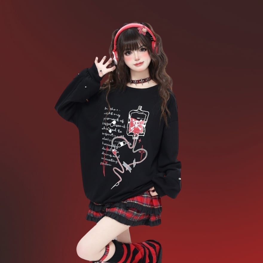 サブカル 服 地雷系 通販 現品限りCRAZYGIRL ブラックM ロリパン フード付き フーディ 点滴 プリント柄 サブカルチャー ダークコミック