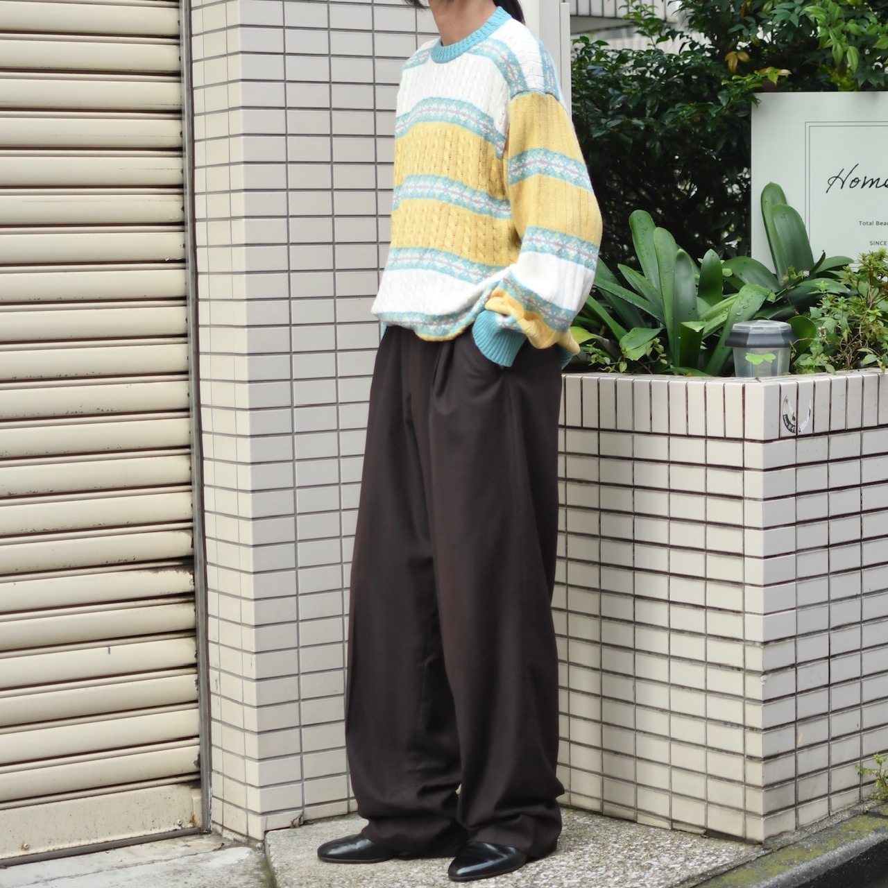 stripe wide slacks brown