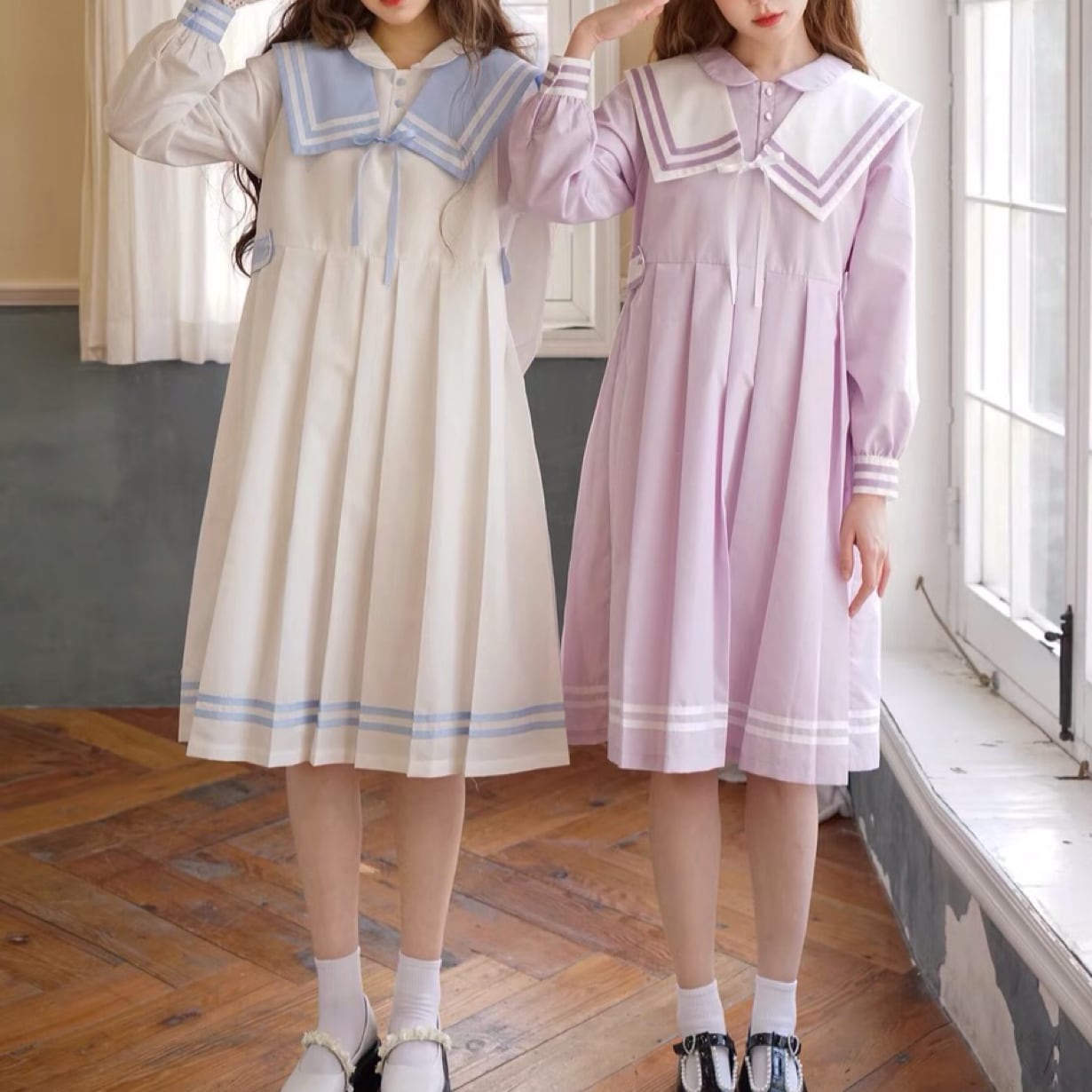 2カラー 】'ワンピース マリン 白 ピンク 紫 制服 プリーツ セーラー 2カラー 】'ワンピース マリン 白 ピンク 紫 制服 プリーツ セーラー