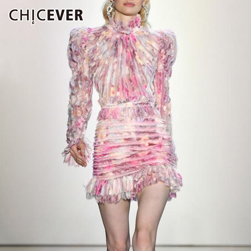 CHICEVERパッチワークシャーリングレディースドレススタンドカラーパフ長袖ウエストプリントミニドレススタイル ロング 6base582831147273