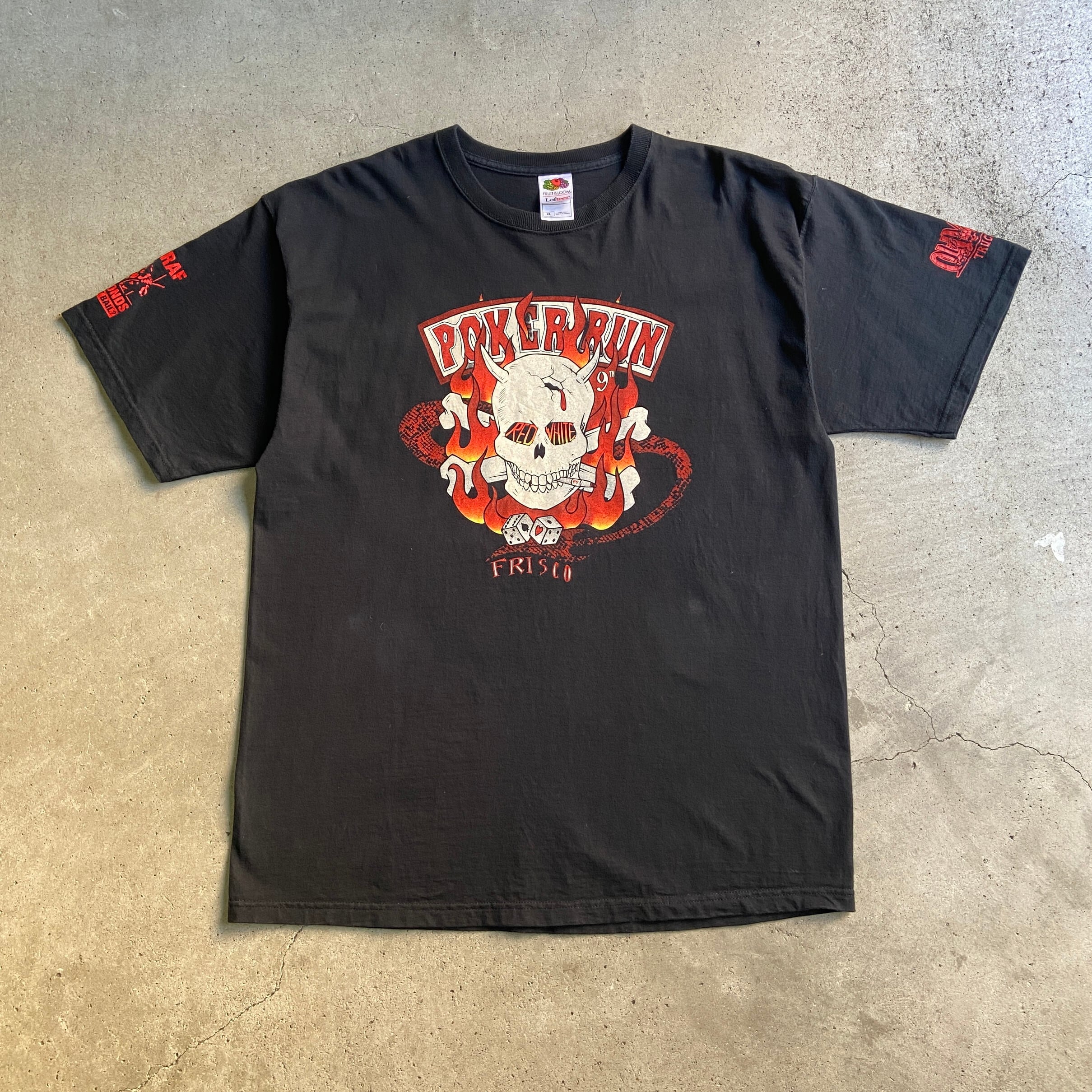 00年代 POKER RUN ”RED WHITE 2005”ドクロ 両面プリント Tシャツ 